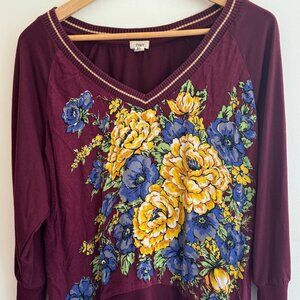 Anthropologie TINY brand Floral V-Neck Top in Wine